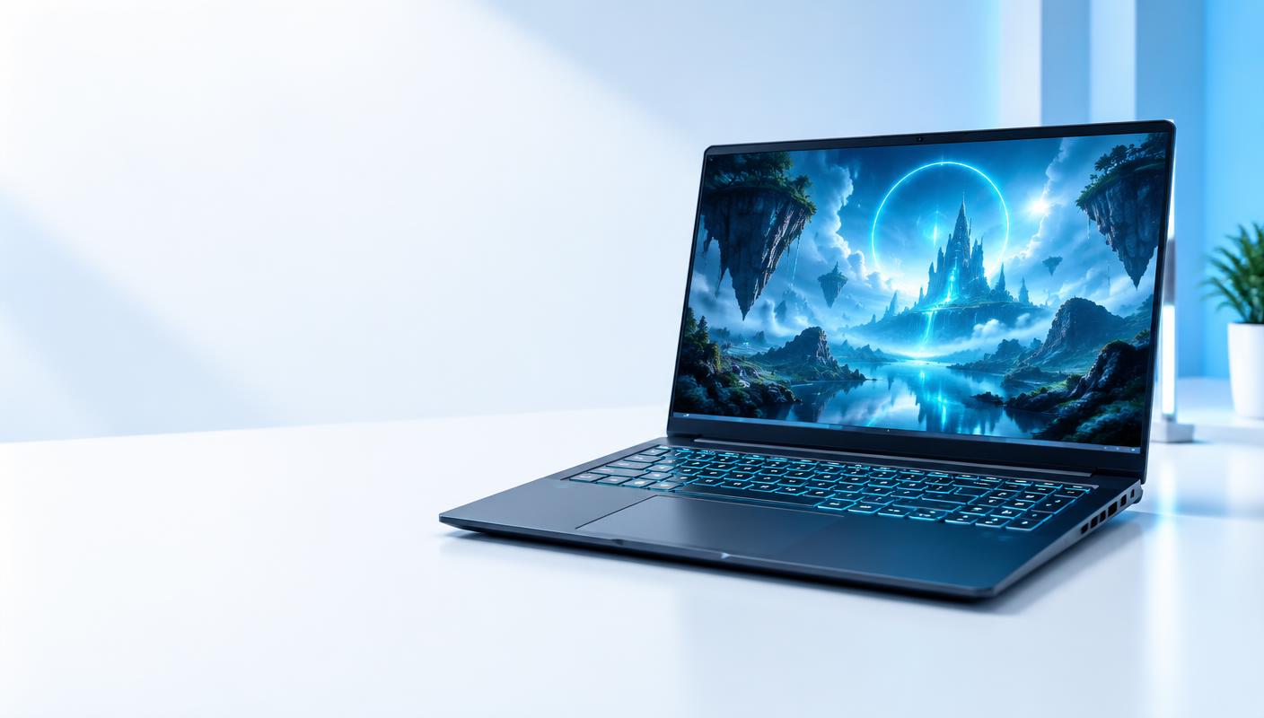 Laptop gamer abierta en escritorio